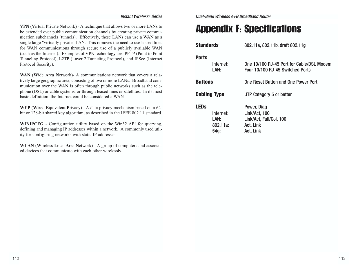 Appendix f: specifications | RF-Link WRT55AG User Manual | Page 60 / 62