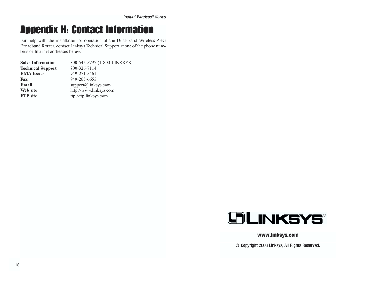 Appendix h: contact information | RF-Link WRT55AG User Manual | Page 62 / 62