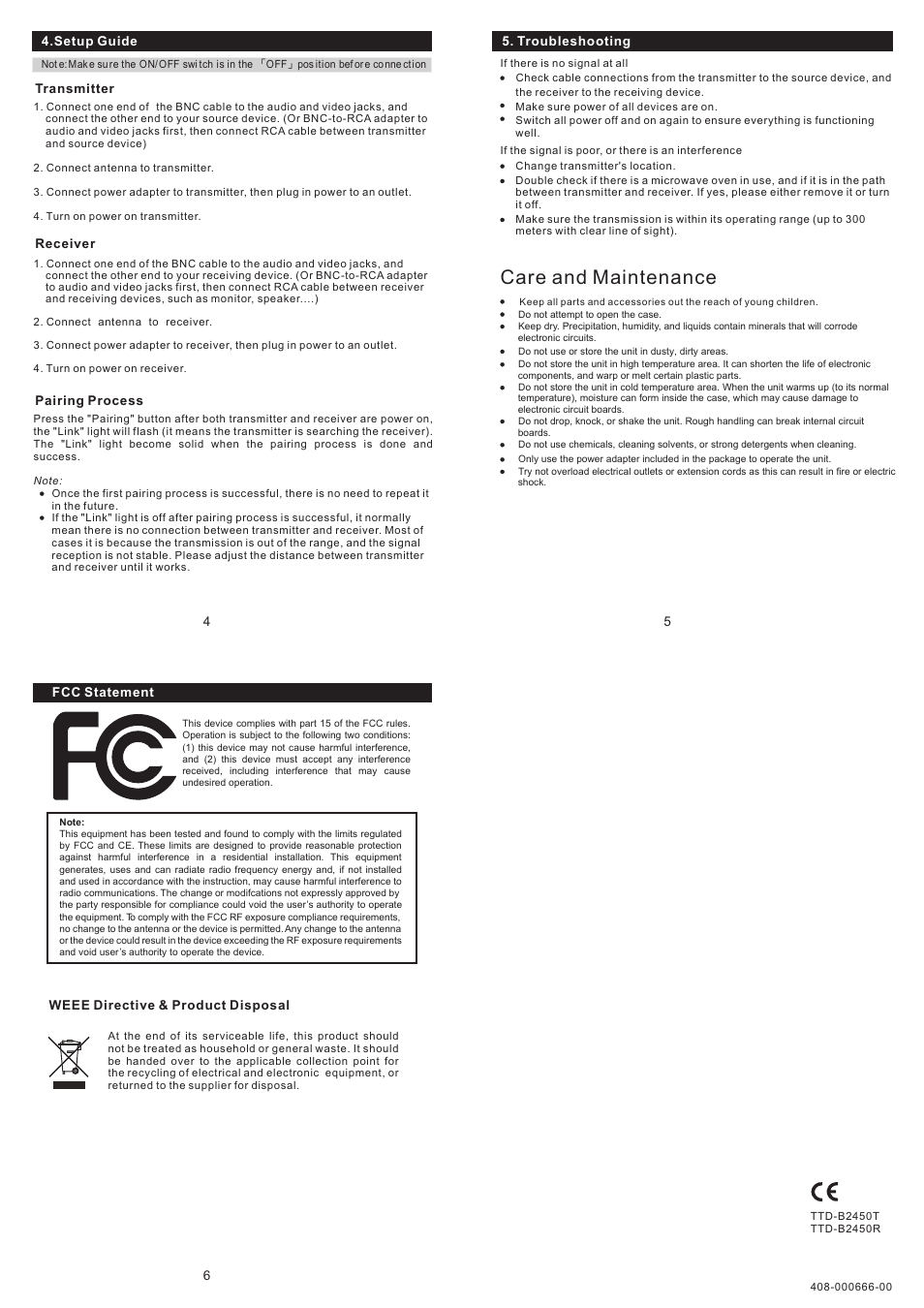 頁面 2, Care and maintenance | RF-Link DAV-2450 User Manual | Page 2 / 2