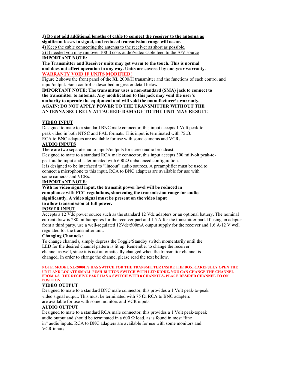 Video input, Audio inputs, Power input | RF-Link XL-2000/H User Manual | Page 2 / 5