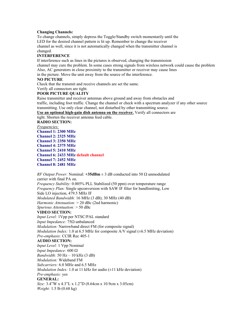 Channel 5: 2410 mhz | RF-Link XL-2000/H User Manual | Page 3 / 5