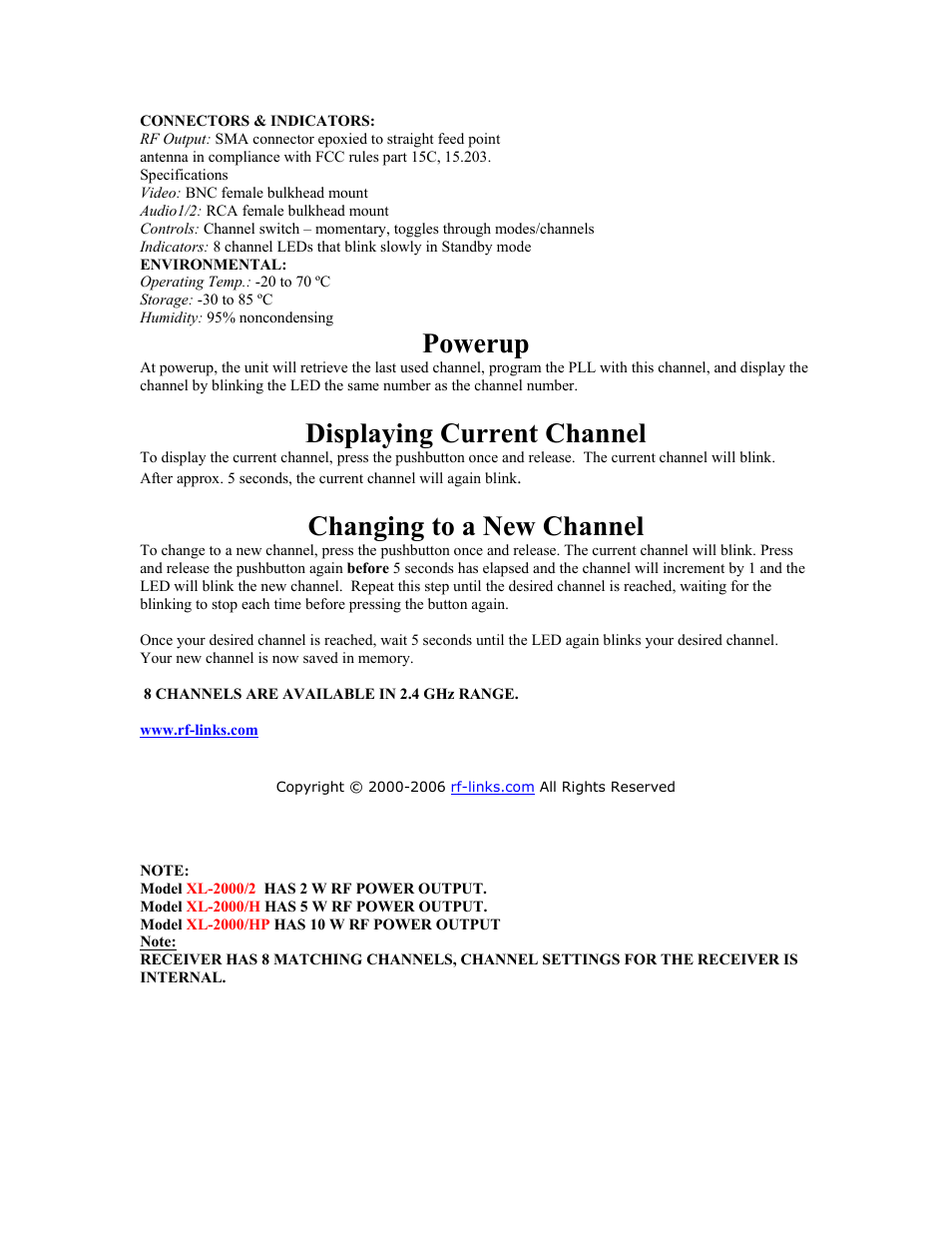 Powerup, Displaying current channel, Changing to a new channel | RF-Link XL-2000/H User Manual | Page 4 / 5