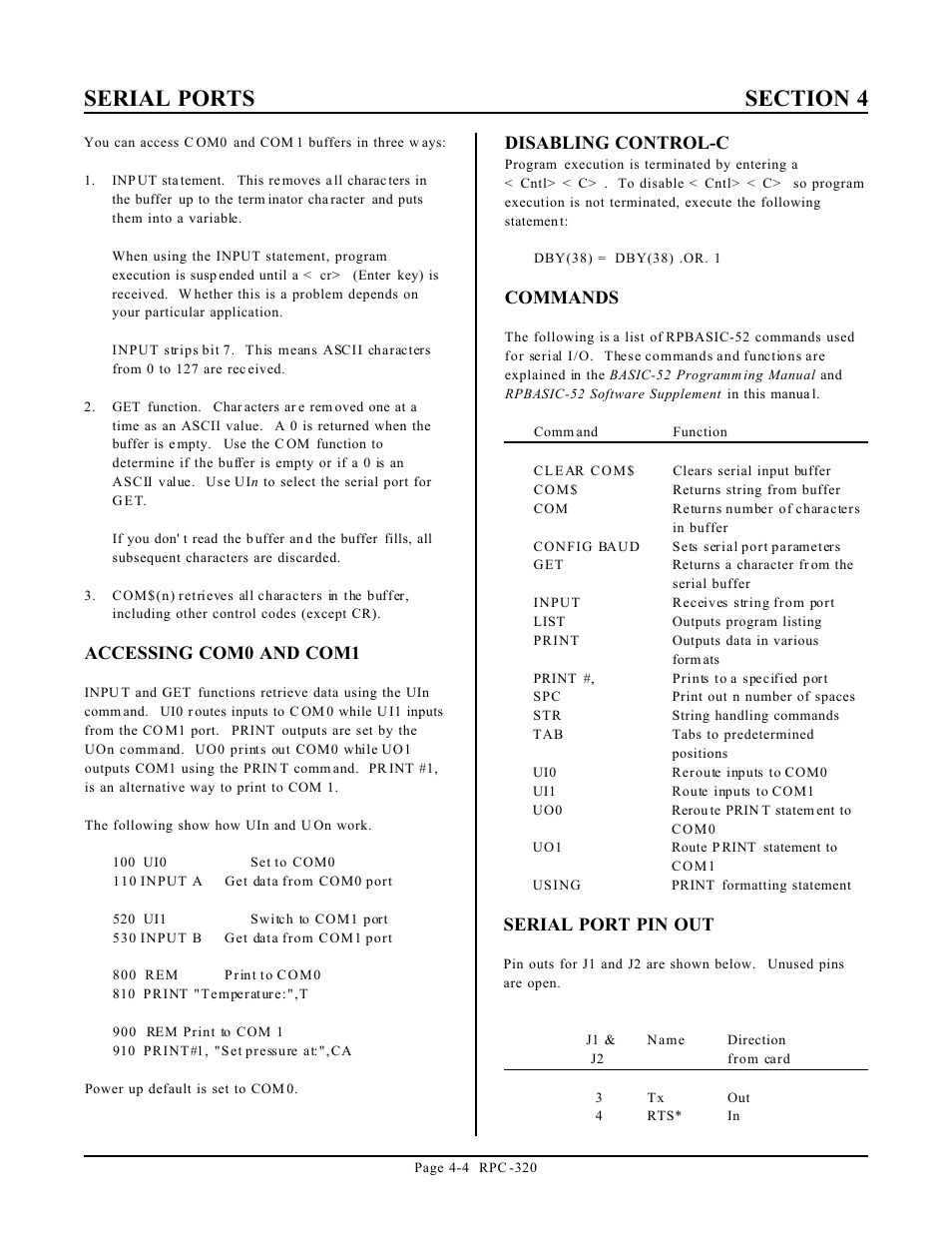 Accessing com0 and com1, Disabling control-c, Commands | Serial port pin out | Remote Technologies RPC-320 User Manual | Page 18 / 51