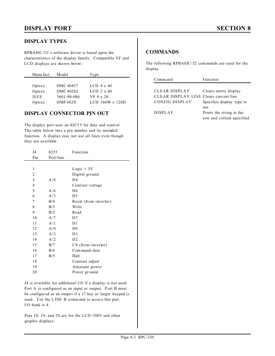 Display types, Display connector pin out, Commands | Remote Technologies RPC-320 User Manual | Page 33 / 51