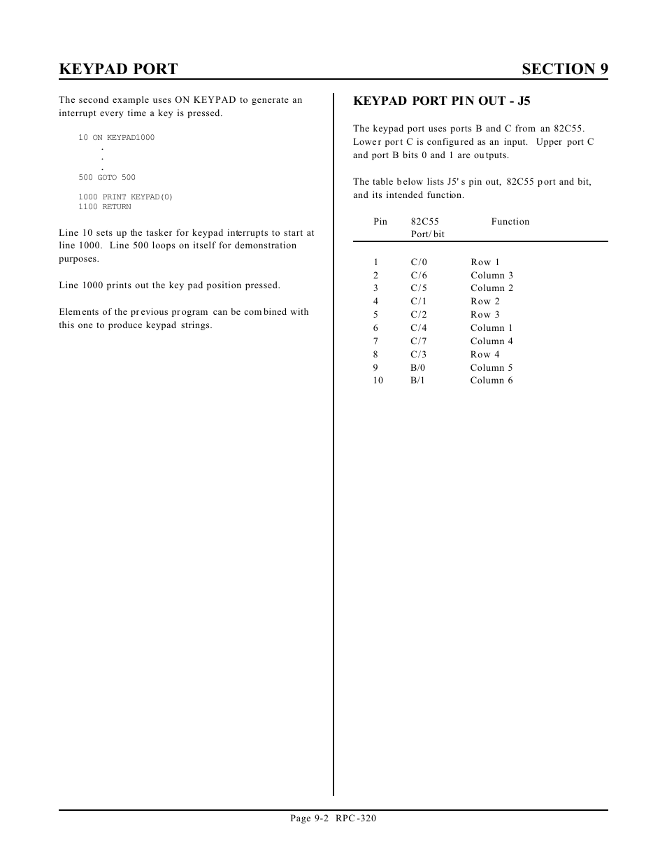 Keypad port pin out - j5 | Remote Technologies RPC-320 User Manual | Page 35 / 51