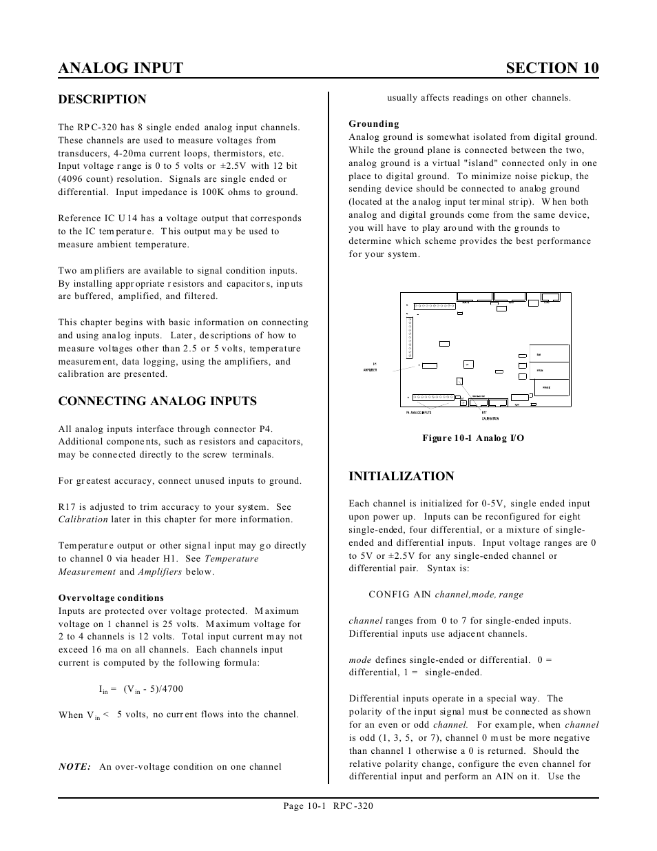 Description, Connecting analog inputs, Initialization | Remote Technologies RPC-320 User Manual | Page 36 / 51