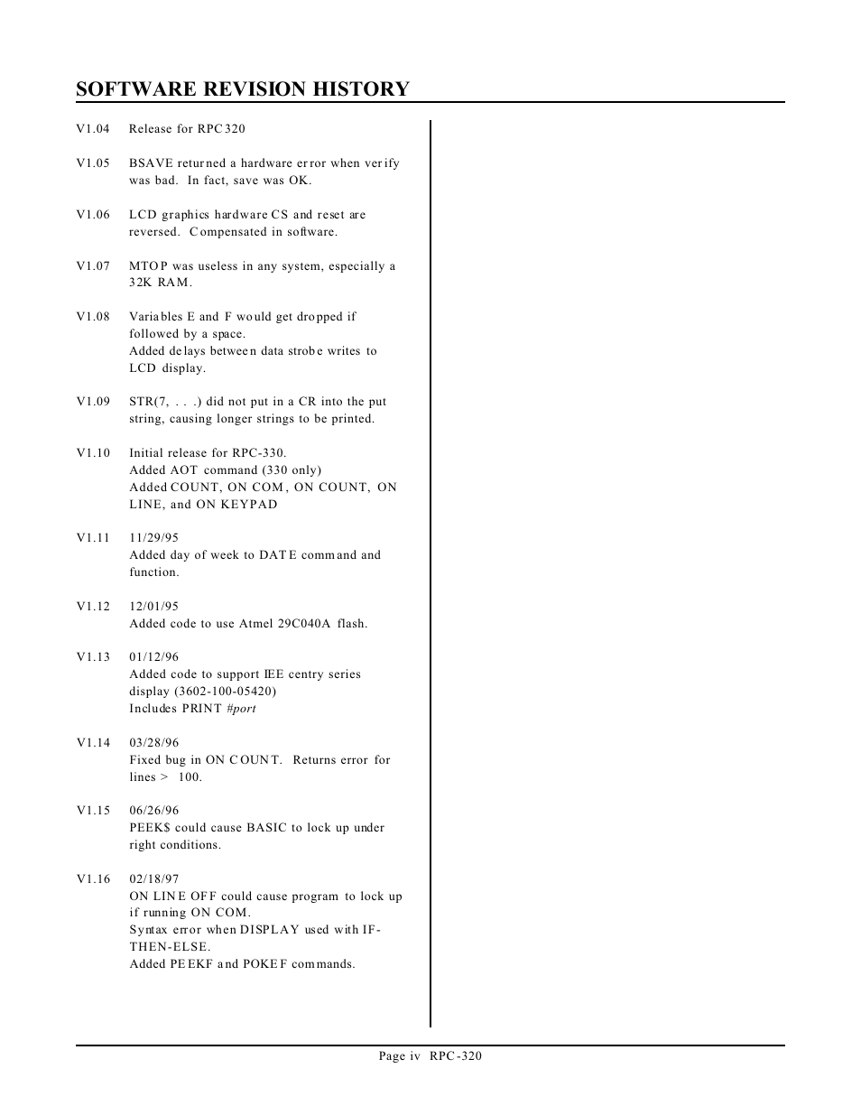 Software revision history | Remote Technologies RPC-320 User Manual | Page 4 / 51