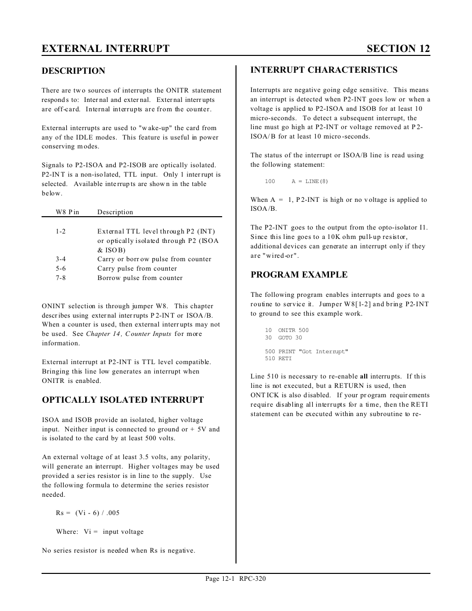 Description, Optically isolated interrupt, Interrupt characteristics | Program example | Remote Technologies RPC-320 User Manual | Page 44 / 51