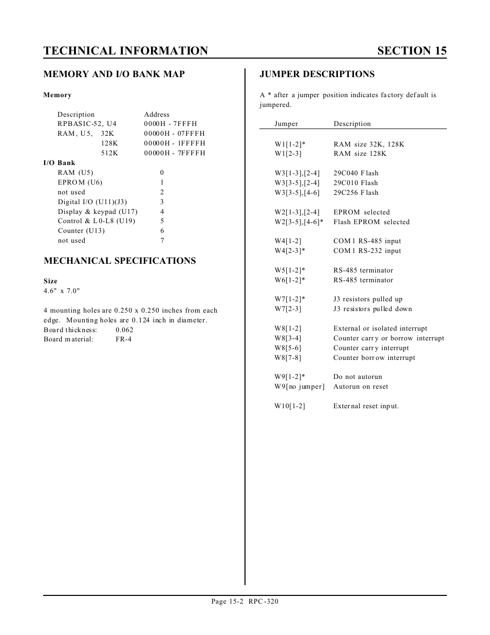 Mechanical specifications, Jumper descriptions | Remote Technologies RPC-320 User Manual | Page 51 / 51