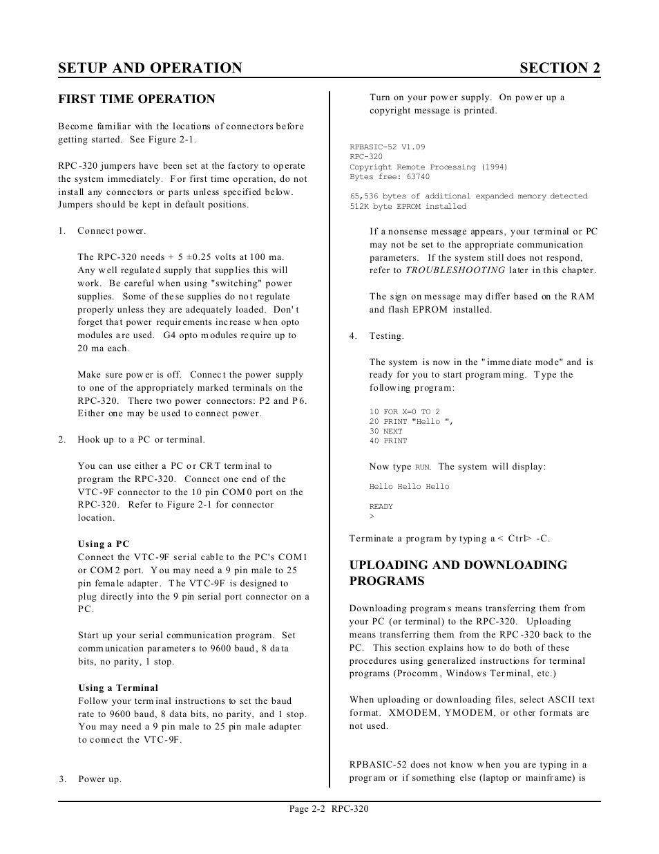 First time operation, Uploading and downloading programs | Remote Technologies RPC-320 User Manual | Page 9 / 51