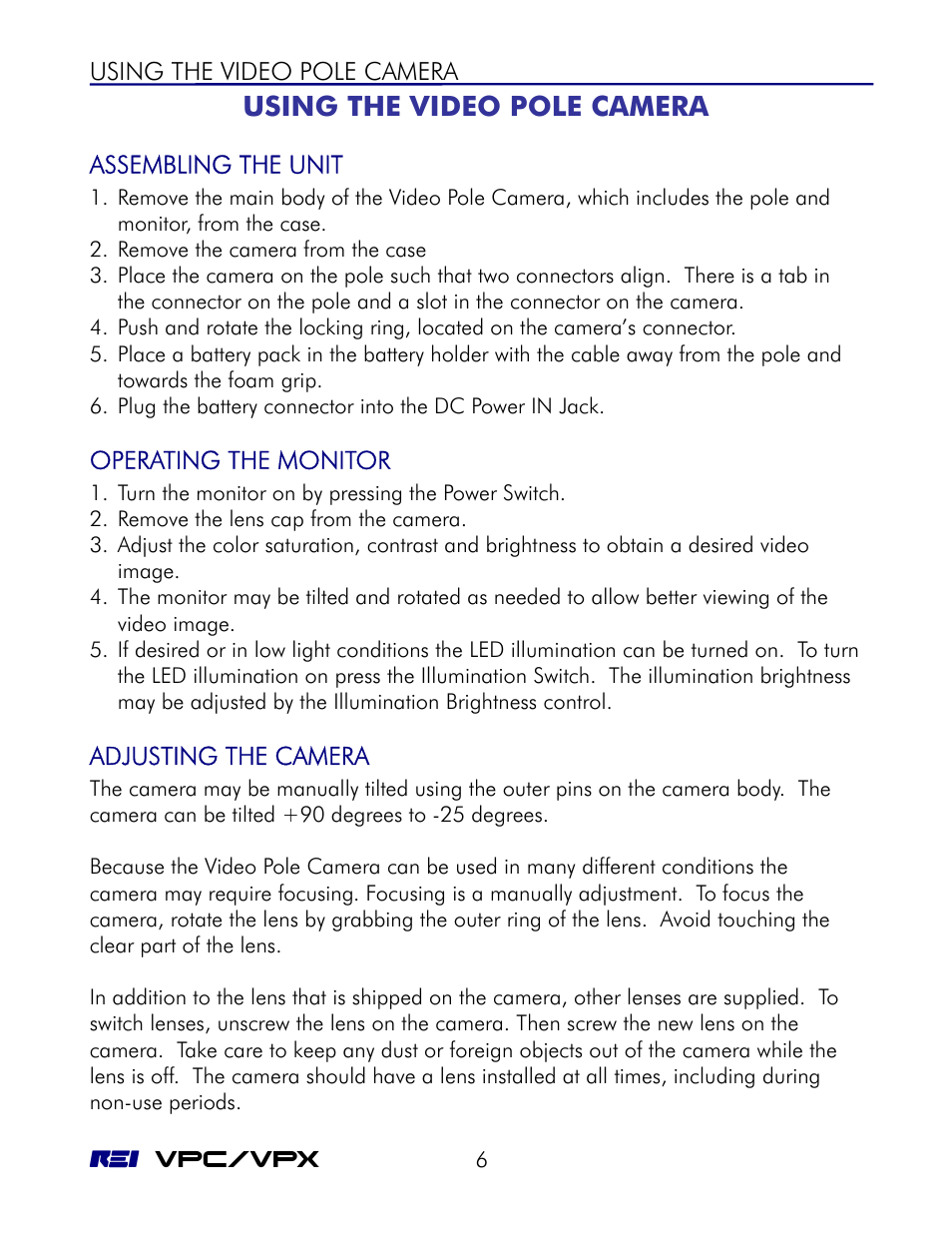 Using the video pole camera, Assembling the unit, Operating the monitor | Adjusting the camera, Using the vpc-64 | REI VPC-64 User Manual | Page 10 / 18