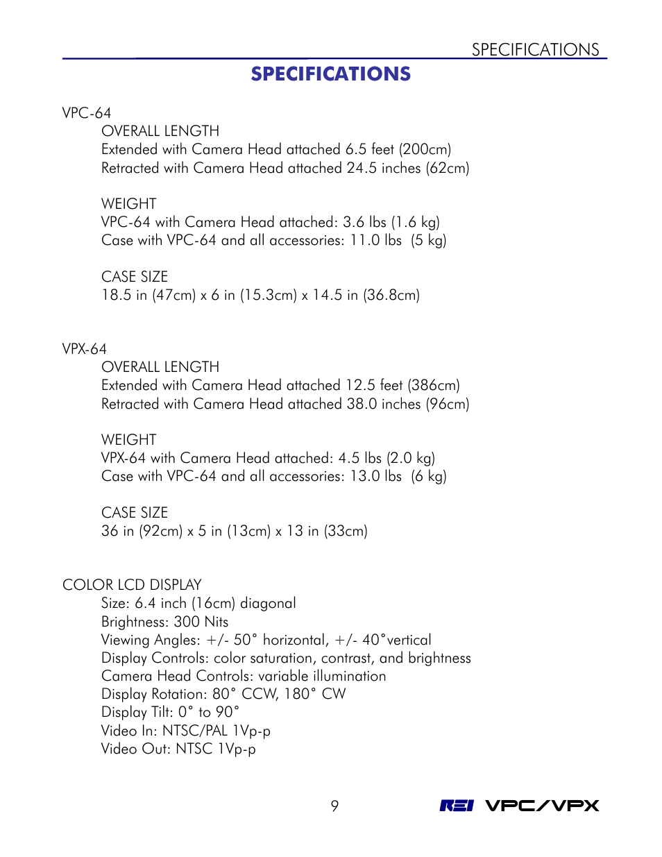 Specifications | REI VPC-64 User Manual | Page 13 / 18