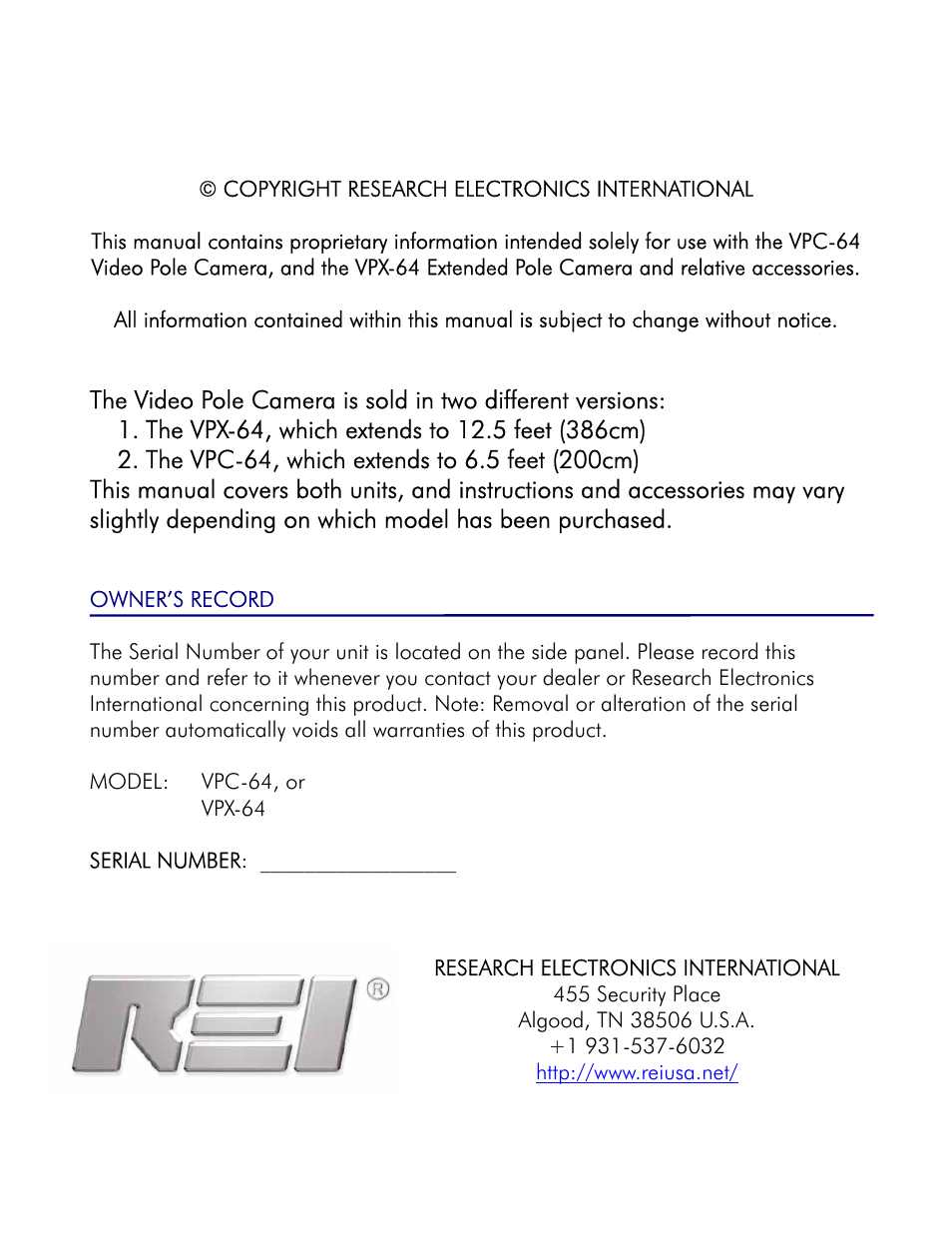 Owner’s record, Research electronics international | REI VPC-64 User Manual | Page 2 / 18