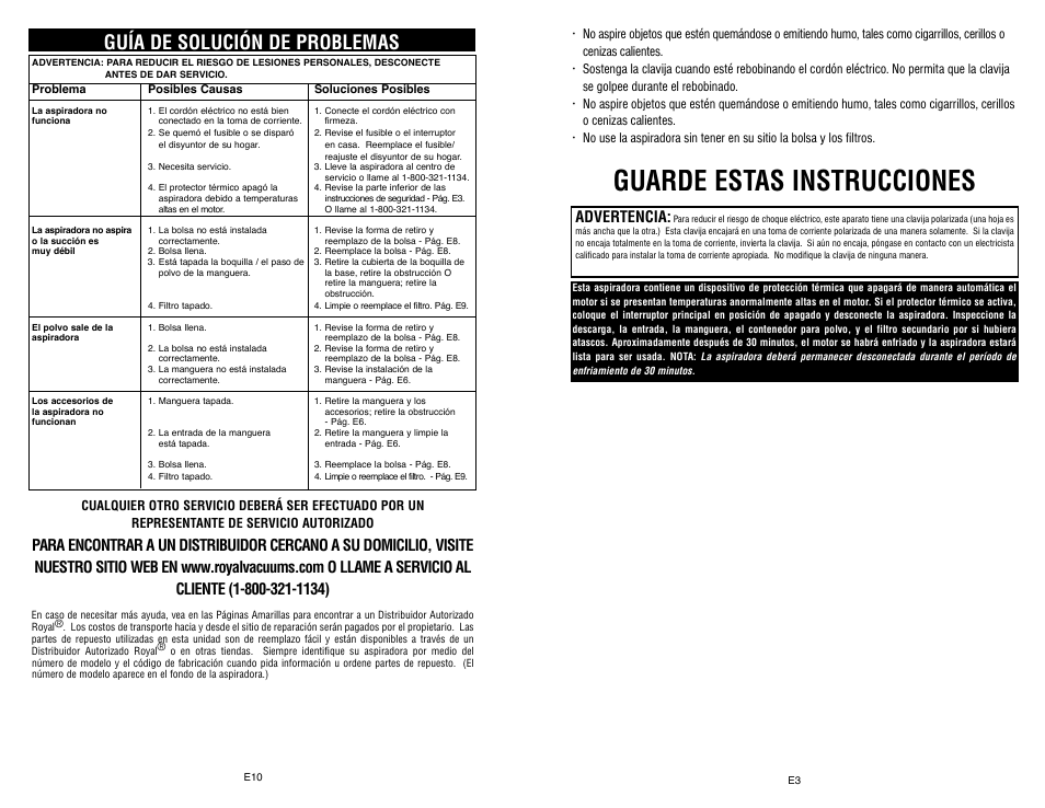 Guarde estas instrucciones, Guía de solución de problemas, Advertencia | Royal Appliance LEXON S10 User Manual | Page 13 / 16