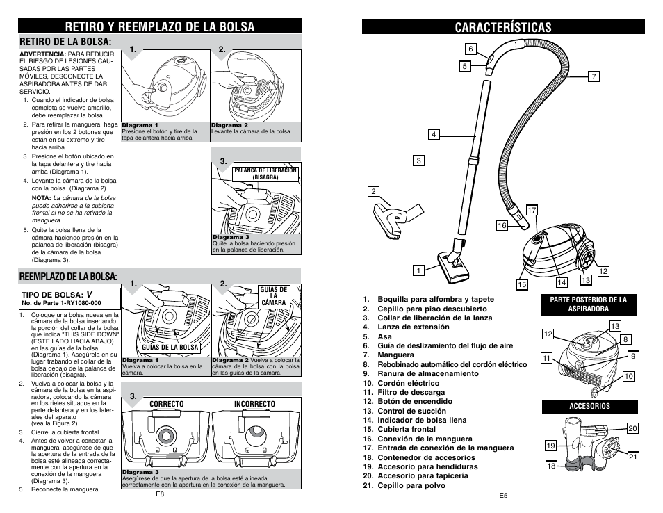 Retiro y reemplazo de la bolsa, Características, Retiro de la bolsa | Reemplazo de la bolsa | Royal Appliance LEXON S10 User Manual | Page 15 / 16