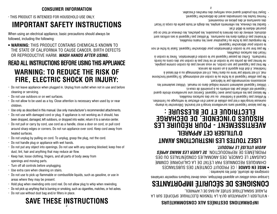 Important safety instructions, Save these instructions, Consignes de sécurité impor tantes | Read all instructions before using this appliance | Royal Appliance LEXON S10 User Manual | Page 2 / 16