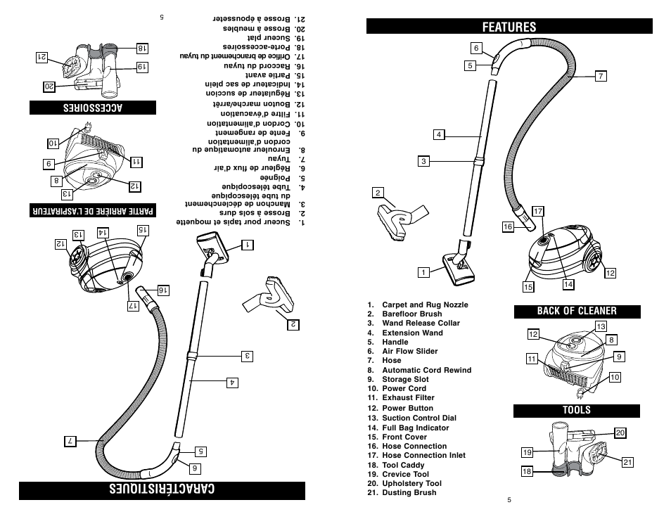 Features, Caractéristiques, Tools | Back of cleaner, Accessoires | Royal Appliance LEXON S10 User Manual | Page 5 / 16