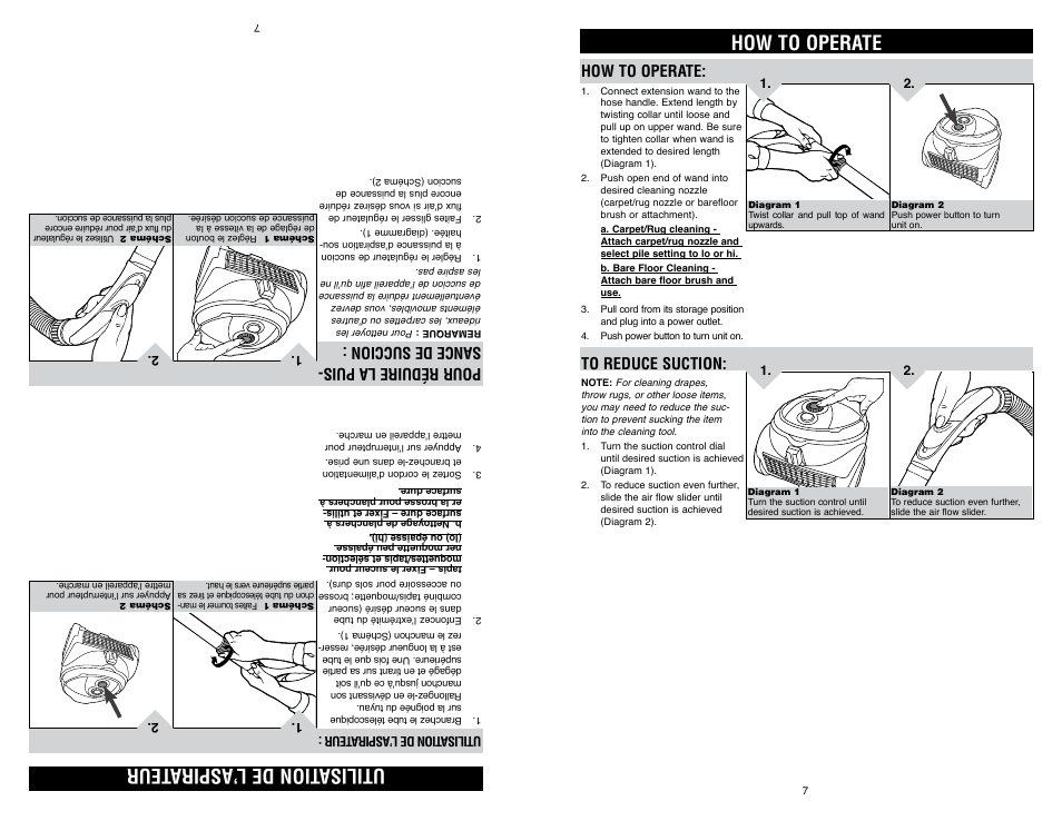 How to operate, Utilisation de l’aspira teur, Pour réduire la pui s- sance de succion | Royal Appliance LEXON S10 User Manual | Page 7 / 16