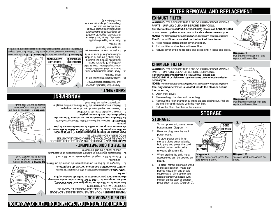 Filter removal and replacement, Storage, Rangement | Exhaust filter, Chamber filter, Filtre d’évacua tion, Filtre du comp artiment | Royal Appliance LEXON S10 User Manual | Page 9 / 16