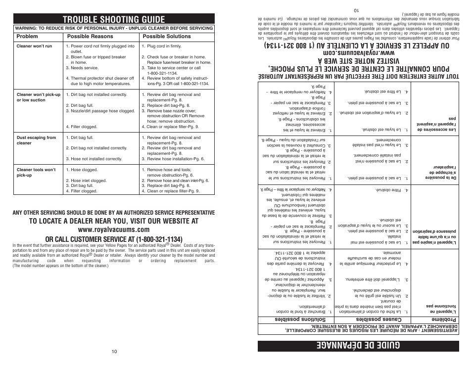 Trouble shooting guide, Guide de dép annage | Royal Appliance LEXON S15 User Manual | Page 10 / 16