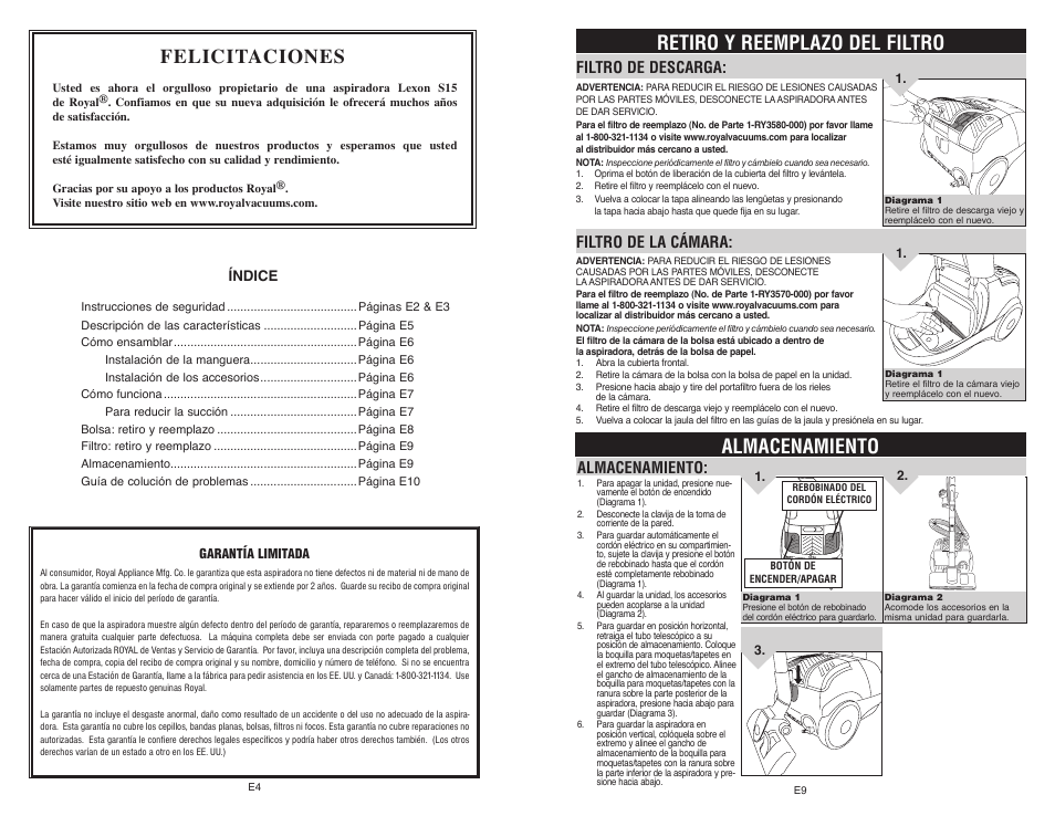 Felicitaciones, Retiro y reemplazo del filtro, Almacenamiento | Filtro de descarga, Filtro de la cámara | Royal Appliance LEXON S15 User Manual | Page 14 / 16