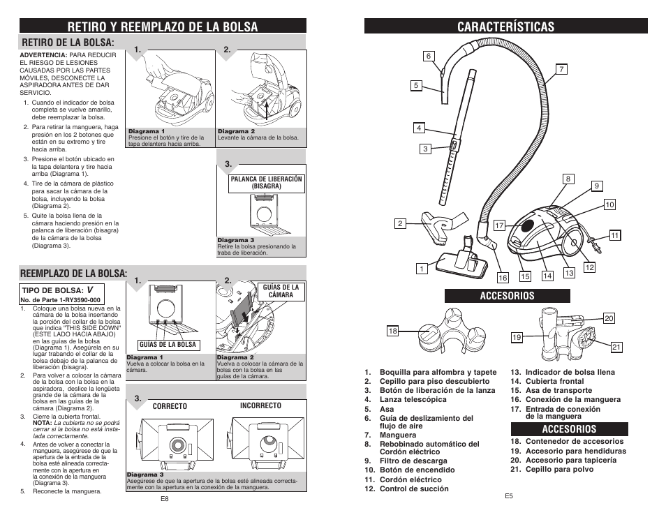 Características, Retiro y reemplazo de la bolsa, Accesorios | Retiro de la bolsa: reemplazo de la bolsa | Royal Appliance LEXON S15 User Manual | Page 15 / 16
