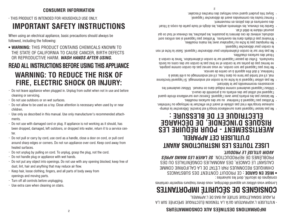 Important safety instructions, Consignes de sécurité impor tantes, Read all instructions before using this appliance | Royal Appliance LEXON S15 User Manual | Page 2 / 16
