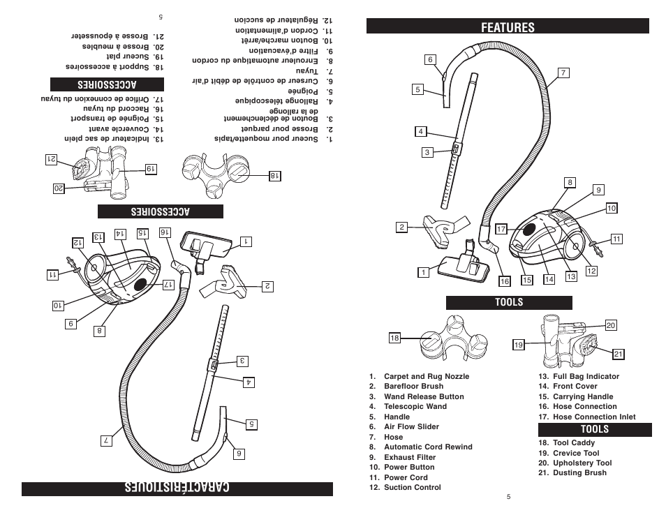 Features, Caractéristiques, Tools | Accessoires | Royal Appliance LEXON S15 User Manual | Page 5 / 16