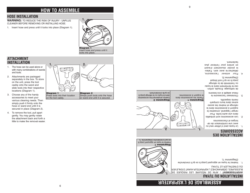How to assemble, Assemblage de l’aspira teur, Hose installation | Attachment installation, Installa tion des accessoires, Installa tion du tuyau | Royal Appliance LEXON S15 User Manual | Page 6 / 16
