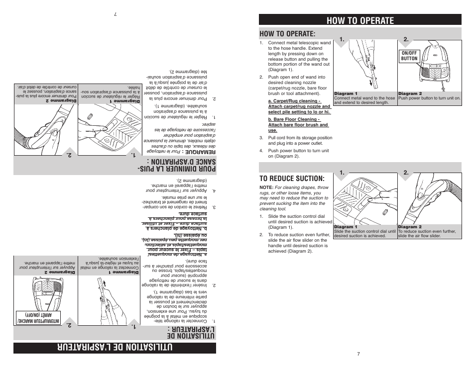 How to operate, Utilisation de l’aspira teur, Pour diminuer la puis- sance d’aspira tion | Royal Appliance LEXON S15 User Manual | Page 7 / 16