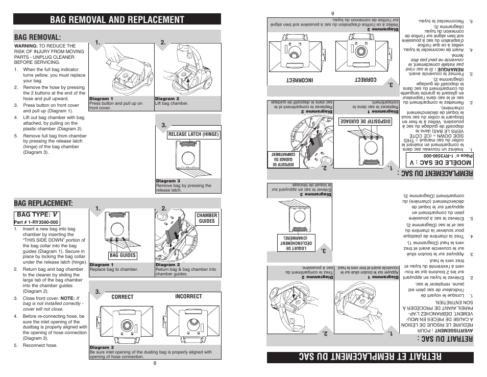 Bag removal and replacement, Retrait et remplacement du sac, Bag removal | Retrait du sac, Remplacement du sac, Bag replacement | Royal Appliance LEXON S15 User Manual | Page 8 / 16