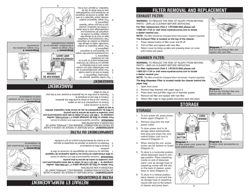 Filter removal and replacement, Storage, Retrait et remplacement | Rangement, Exhaust filter, Chamber filter, Compar timent du filtre rangement, Filtre d’évacua tion | Royal Appliance LEXON S15 User Manual | Page 9 / 16