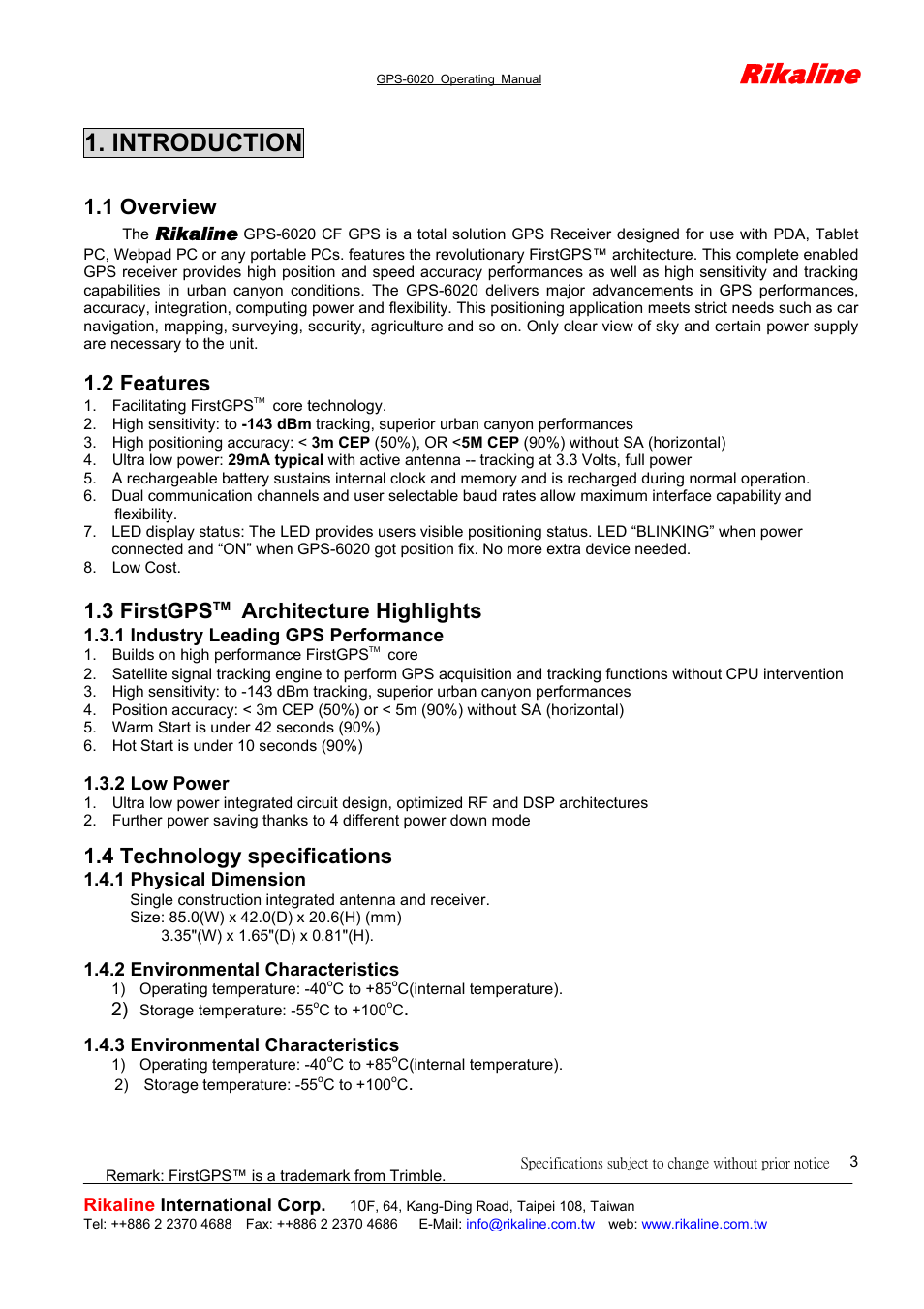 Rikaline, Introduction, 1 overview | 2 features, 3 firstgps, Architecture highlights, 4 technology specifications | Rikaline GPS-6020 CF GPS User Manual | Page 3 / 11
