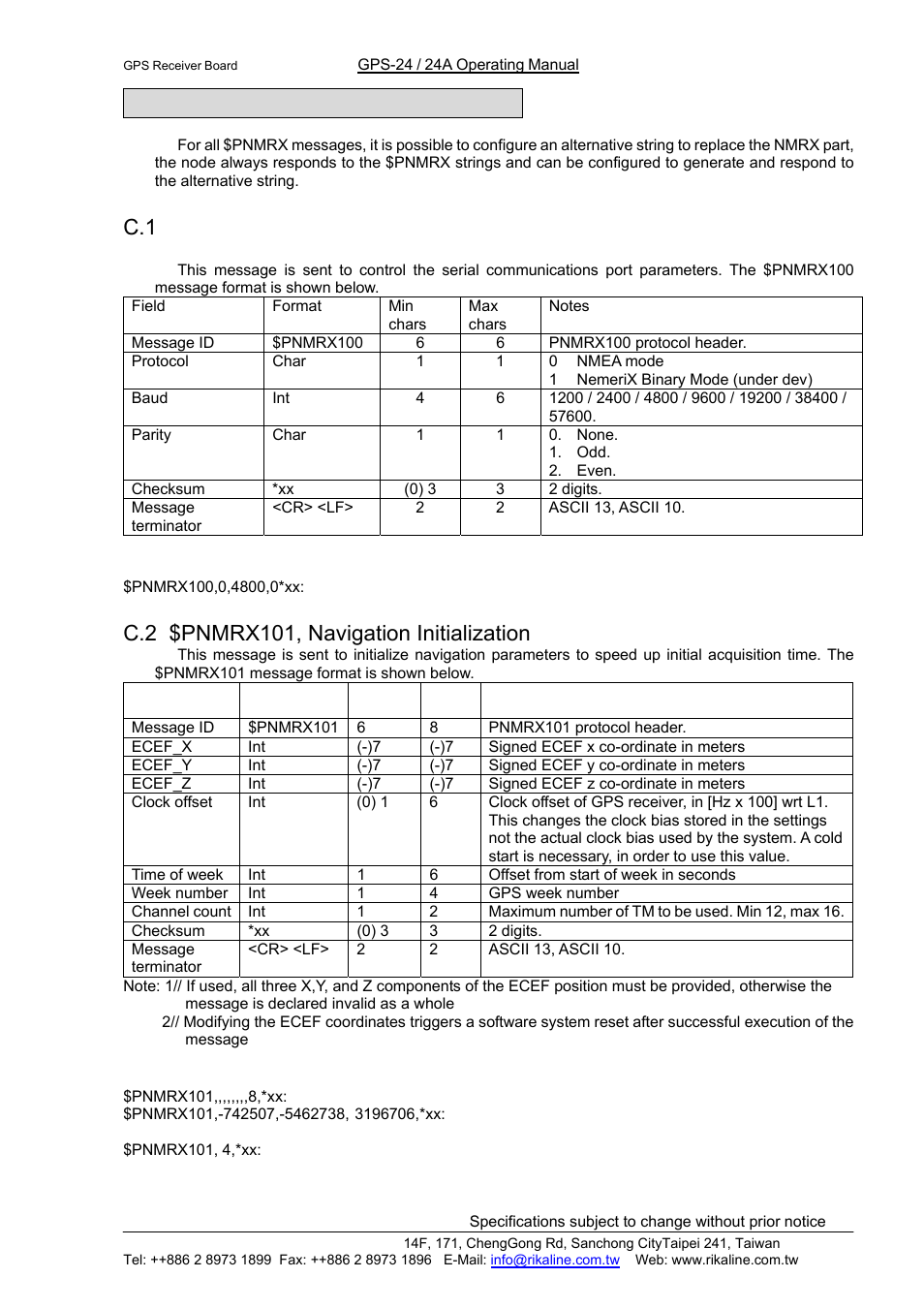 Rikaline, Appendix c developer’s setting, C.1 $pnmrx100, set serial port mode | C.2 $pnmrx101, navigation initialization | Rikaline GPS-24/24A User Manual | Page 15 / 24