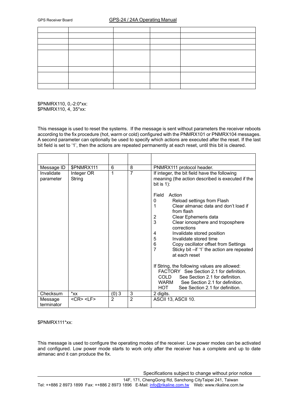 Rikaline, C.8 $pnmrx111, software reset, C.8 $pnmrx112, power mode control | Rikaline GPS-24/24A User Manual | Page 19 / 24