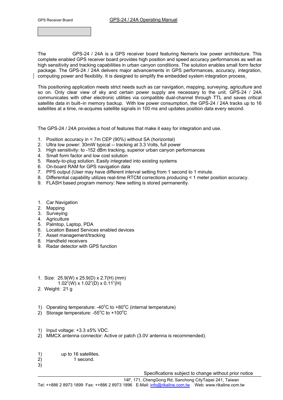 Rikaline, Introduction, 1 overview | 2 features, 3 application, 4 technology specifications | Rikaline GPS-24/24A User Manual | Page 2 / 24