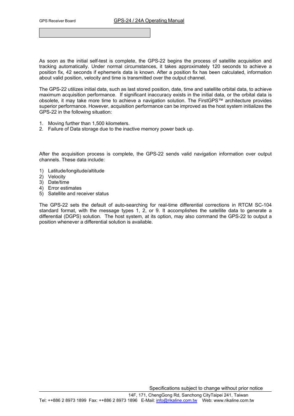 Rikaline, Operational characteristics, 1 initialization | Rikaline GPS-24/24A User Manual | Page 4 / 24