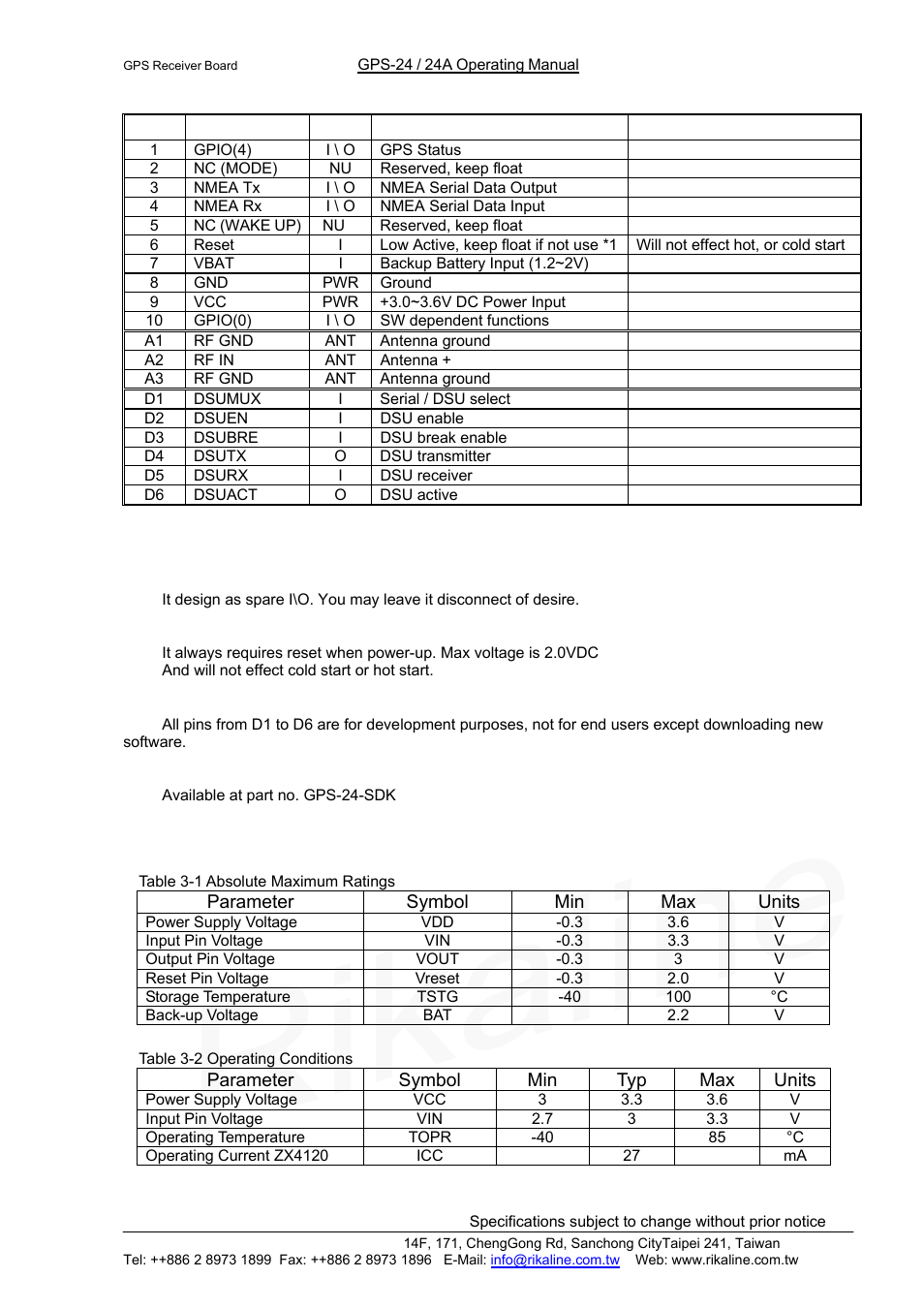 Rikaline, 2 pin definition, 3 operating modes | Rikaline GPS-24/24A User Manual | Page 6 / 24