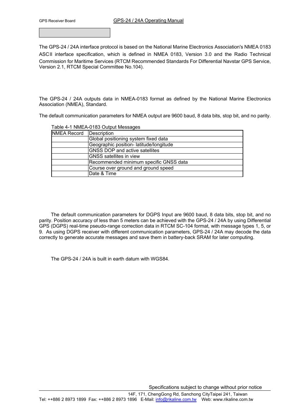 Rikaline, Software interface, 1 nmea transmitted messages | 2 rtcm received data, 3 earth datums | Rikaline GPS-24/24A User Manual | Page 8 / 24