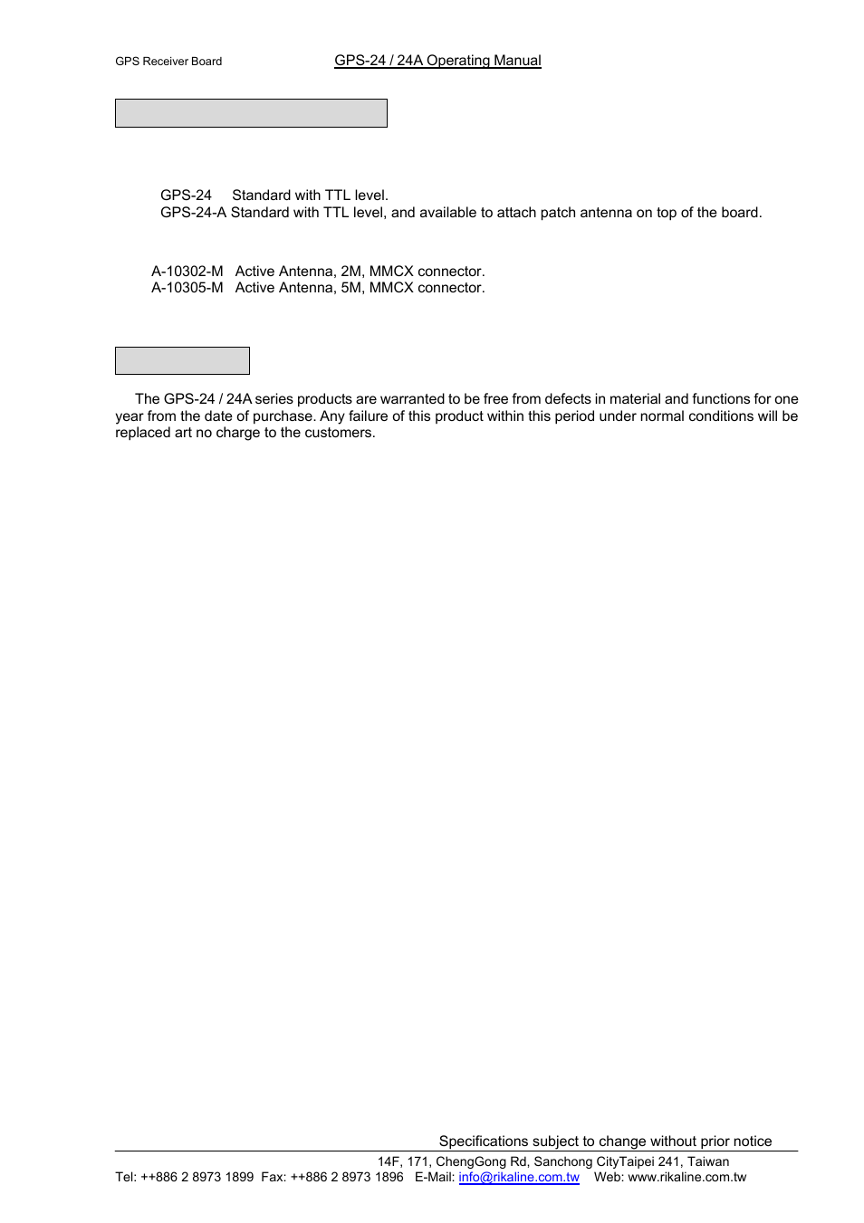 Rikaline, Ordering information, Warranty | Rikaline GPS-24/24A User Manual | Page 9 / 24