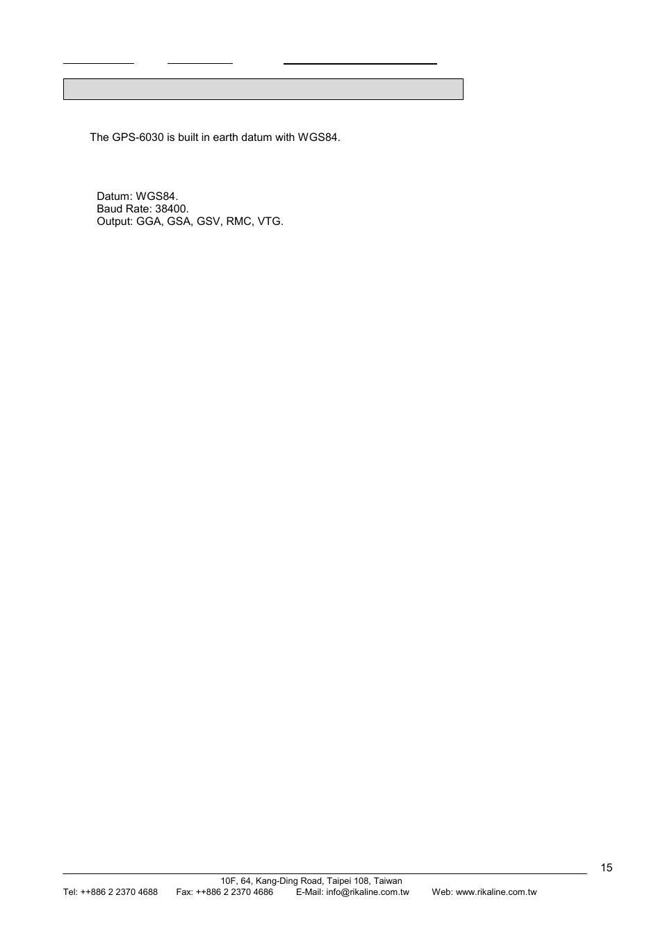 Rikaline, Appendix b earth datums & output setting, B.1 earth datums | B.2 setting | Rikaline GPS-6030 User Manual | Page 15 / 21