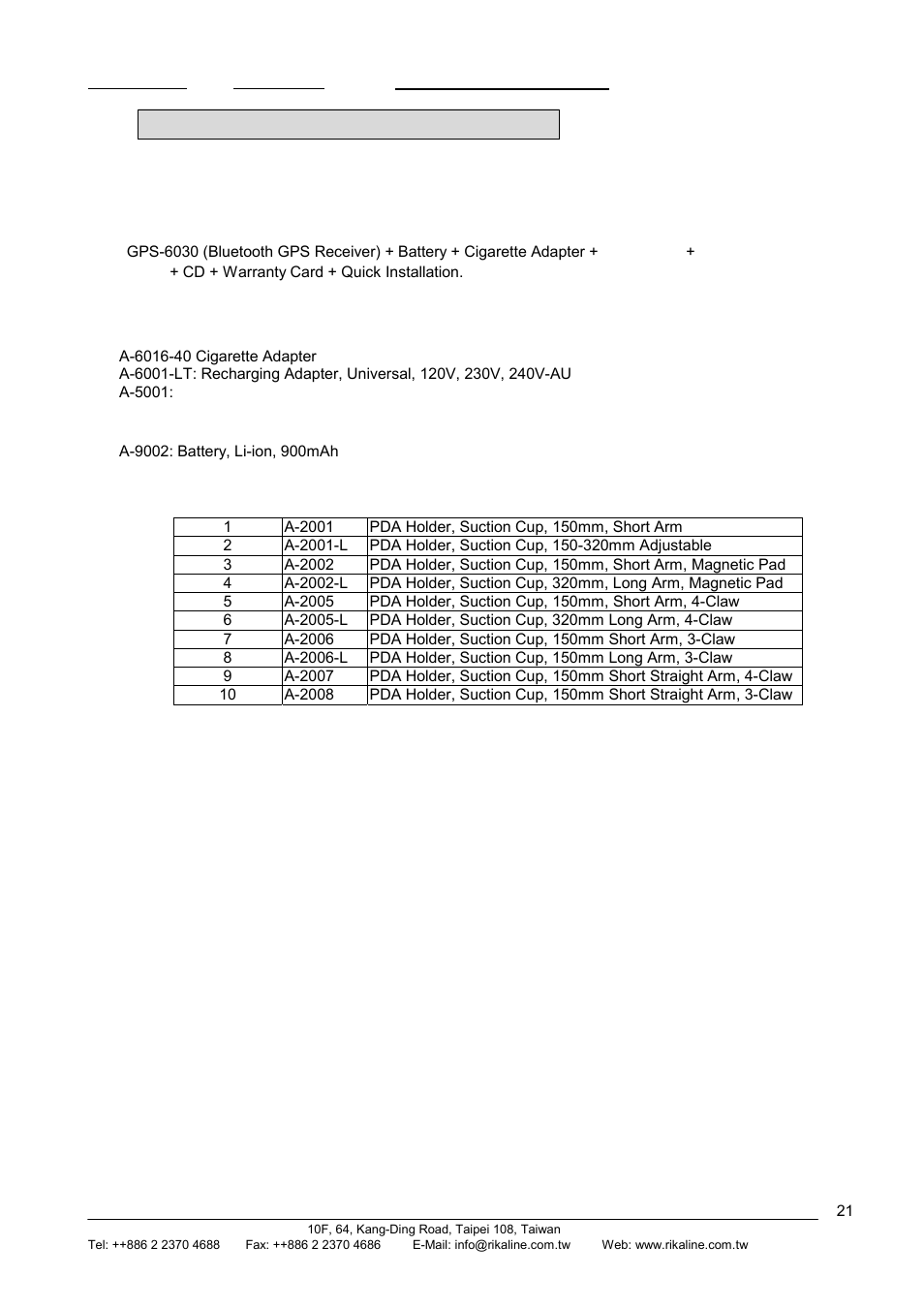 Rikaline, Appendix e ordering information, E.1 product options | E.2 accessories | Rikaline GPS-6030 User Manual | Page 21 / 21