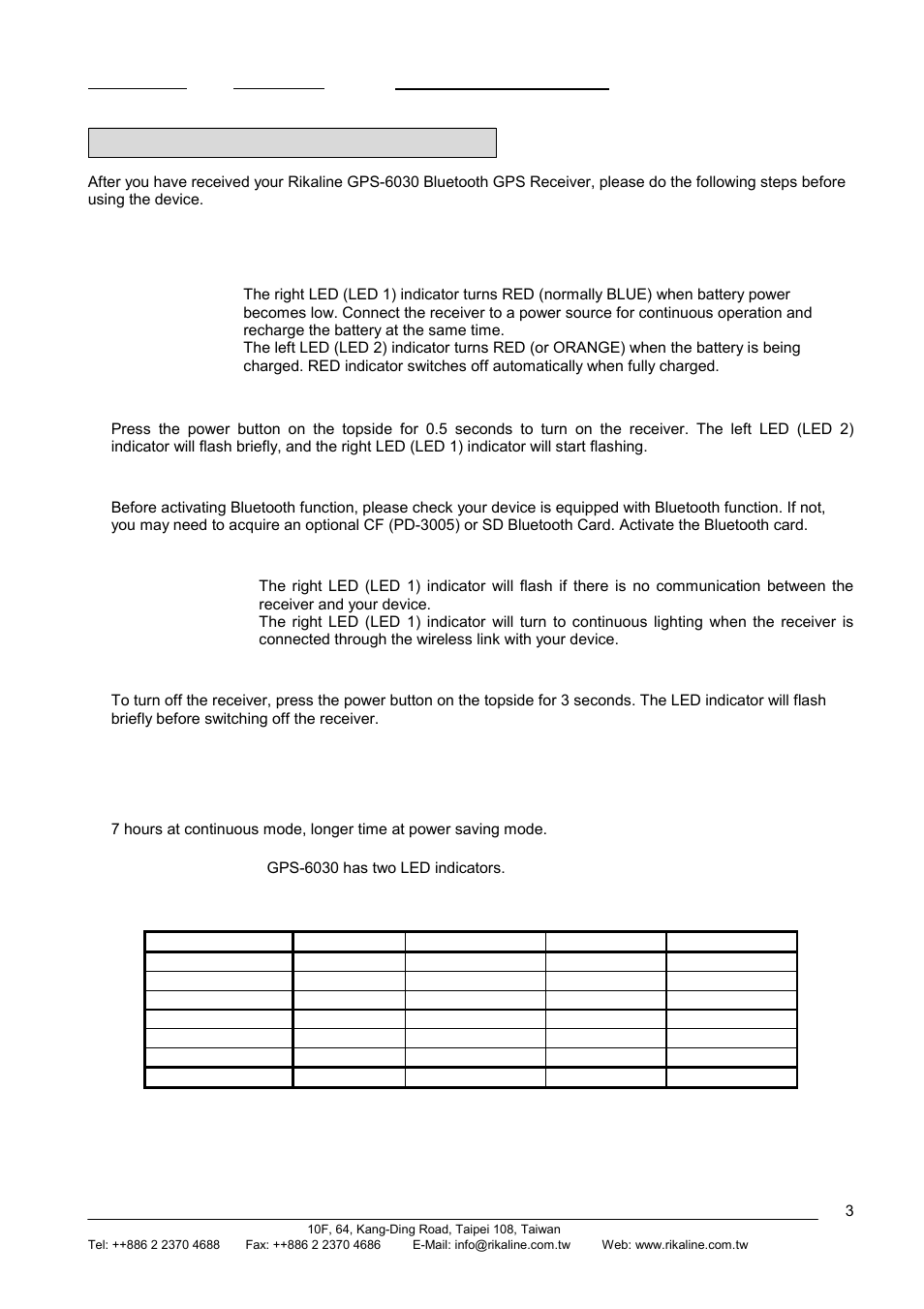 Rikaline, Quick use & basic specification, 4 bt gps communication to pda or pc | 6 appendix | Rikaline GPS-6030 User Manual | Page 3 / 21