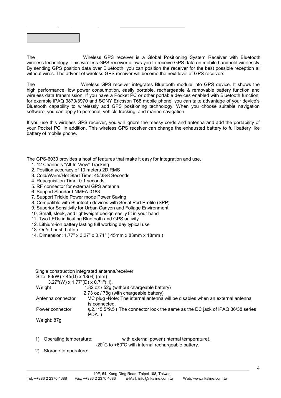 Rikaline, Introduction, 1 overview | 2 features, 3 technology specifications | Rikaline GPS-6030 User Manual | Page 4 / 21