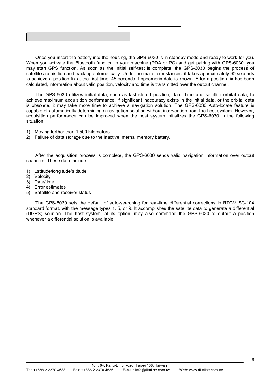 Rikaline, Operational characteristics, 1 initialization | 2 navigation | Rikaline GPS-6030 User Manual | Page 6 / 21