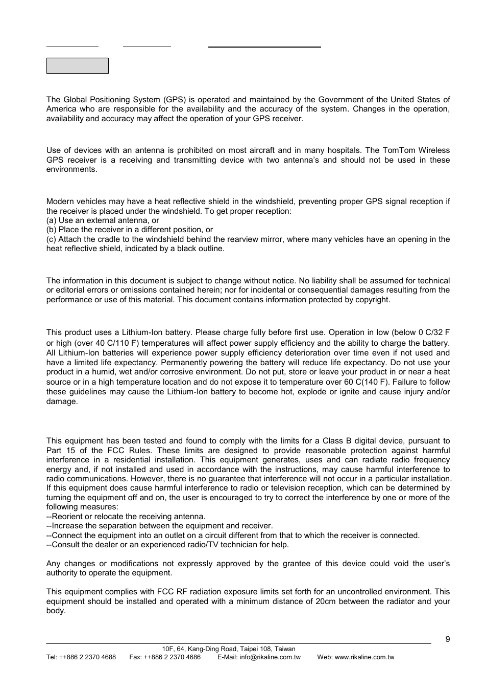 Rikaline, Notices, 1 global positioning system | 2 aircraft and hospitals, 3 heat reflective shields, 4 important, 5 battery, 6 fcc | Rikaline GPS-6030 User Manual | Page 9 / 21