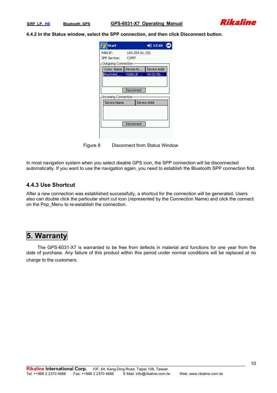 Rikaline, Warranty | Rikaline GPS-6031-X7 User Manual | Page 10 / 19