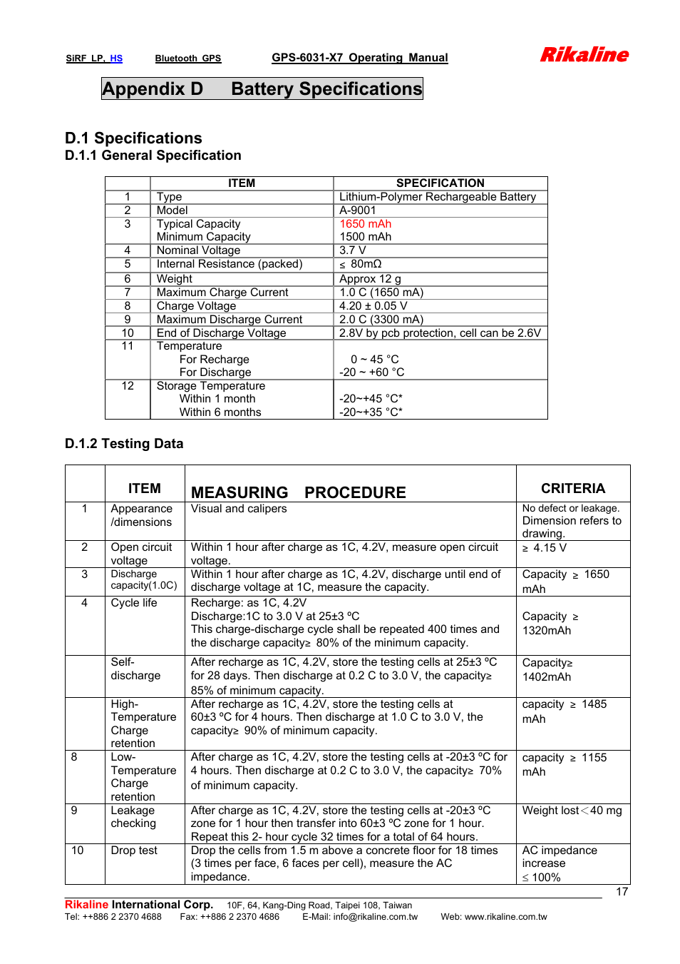 Rikaline, Appendix d battery specifications, D.1 specifications | Measuring procedure | Rikaline GPS-6031-X7 User Manual | Page 17 / 19