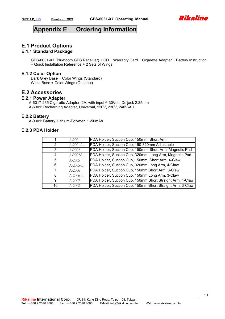 Rikaline, Appendix e ordering information, E.1 product options | E.2 accessories | Rikaline GPS-6031-X7 User Manual | Page 19 / 19
