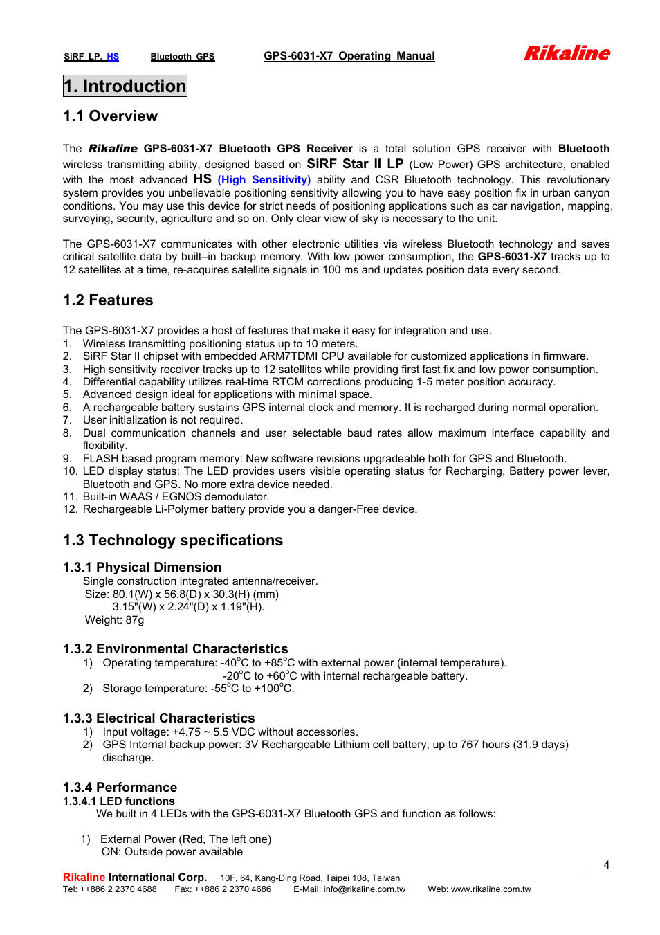 Rikaline, Introduction, 1 overview | 2 features, 3 technology specifications | Rikaline GPS-6031-X7 User Manual | Page 4 / 19